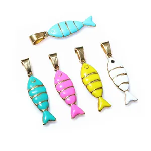 Colorful striped fish pendants in gold-plated stainless steel for DIY jewelry