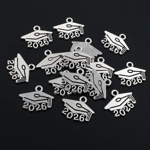 Silver vintage 2026 graduation cap alloy pendant charms for DIY jewelry making