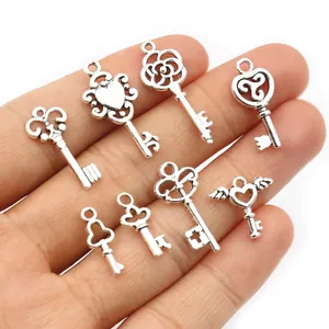 Antique Silver Alloy Key Pendants For DIY Jewelry Making Necklaces Bracelets Heart Crown Wings Shape Vintage Charms Accessory