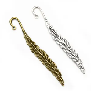 Alloy feather bookmarks in bronze and silver finishes with hook for DIY crafts