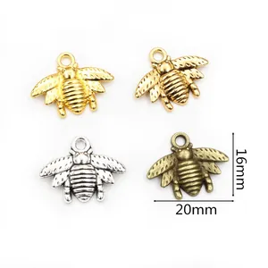 Gold and silver bee charms for jewelry making, 20x16mm alloy insect pendants set