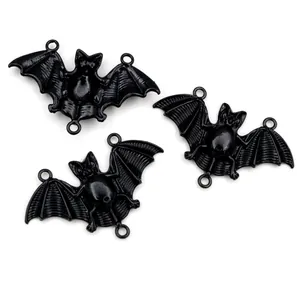 Black alloy bat charms with wing texture and three hanging loops for DIY jewelry making