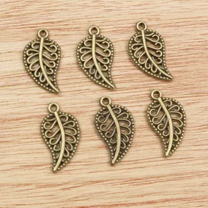 Set of 6 vintage bronze alloy leaf pendants with hollow veins for DIY jewelry making