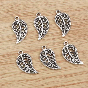 Set of 6 vintage silver alloy leaf charms with hollow veins for DIY jewelry making