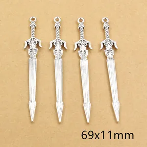 Set of four antique silver alloy sword charms for DIY jewelry making 69x11mm