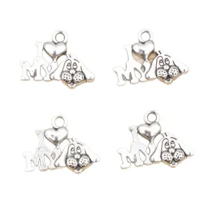 Antique silver puppy dog heart pendant DIY jewelry accessory in a set of four pieces