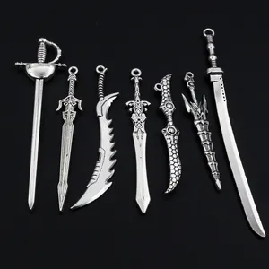 Set of 7 antique silver alloy sword pendants for DIY jewelry making and necklaces