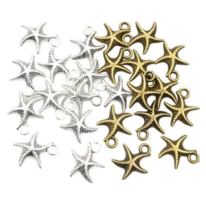 Silver and bronze alloy starfish charms with metal rings for DIY jewelry making