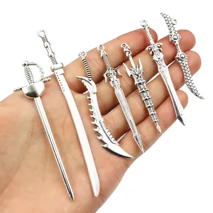 Antique silver alloy sword pendant set with seven different fantasy blade designs for DIY
