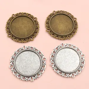Antique Round Filigree Zinc Alloy Pendant Bezel Tray For DIY Time Gem Jewelry Making Double Sided Necklace Base