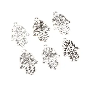 Set of 6 antique silver Hamsa Hand pendants with intricate hollow floral patterns