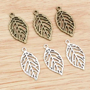 Leaf shaped alloy metal pendants in bronze and silver for DIY jewelry crafts