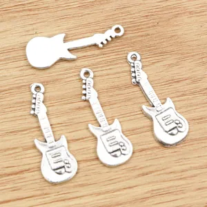 Set of 4 vintage silver alloy guitar pendants for DIY jewelry and necklaces