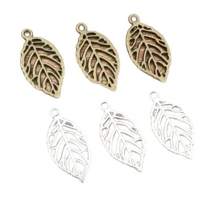 Leaf alloy pendants in bronze wood texture and silver hollow styles for DIY jewelry