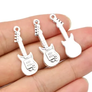 Three vintage silver guitar pendants made of alloy for DIY jewelry and necklaces