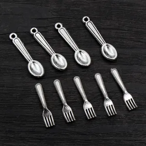 Antique Silver Alloy Mini Spoon Fork Charms For DIY Necklace Bracelet Jewelry Making Pendants Vintage Tableware Accessory
