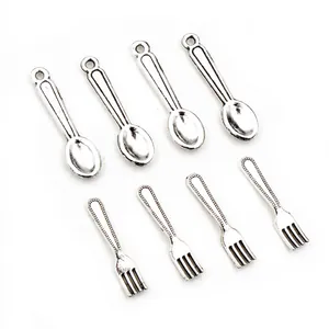 Set of 8 vintage silver alloy spoon and fork pendants for DIY jewelry making and crafts