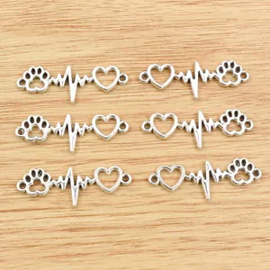 Set of 6 antique silver alloy pet paw and heart pendants for DIY jewelry making