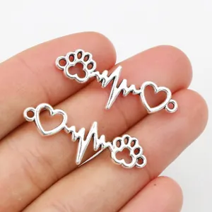 Antique Silver Zinc Alloy Heartbeat EKG Heart Paw Print Charms For DIY Necklace Bracelet Jewelry Making Pet Lovers Pendants