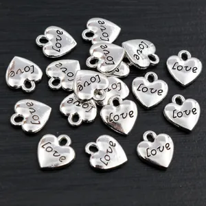 Polished silver alloy heart pendants with Love engraving for DIY jewelry making