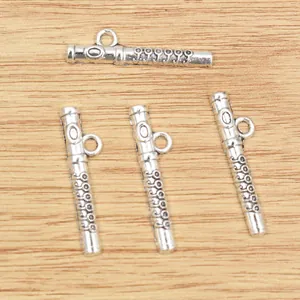 Set of four silver alloy flute charms for DIY necklaces with detailed musical instrument design