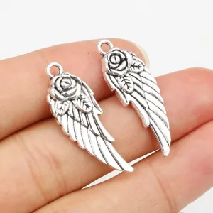 Antiksilber Legierung Rosenblüte Flügel Feder Charms Anhänger Für DIY Halskette Armband Schmuckherstellung Zubehör