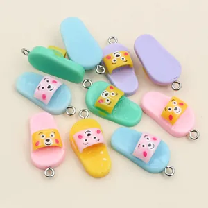 Colorful resin mini slipper pendants with cartoon bear pattern and metal rings