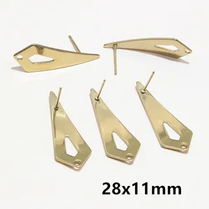 Macro detail of 28x11mm irregular geometric gold earring studs with loop for DIY jewelry