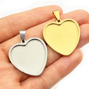 Gold and silver heart-shaped stainless steel pendant trays for DIY jewelry making