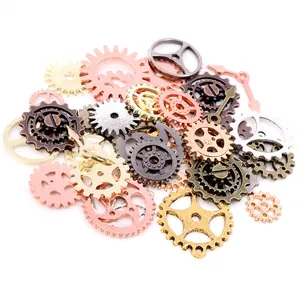 Mix of punk steampunk alloy gears and clock hands for DIY jewelry in multiple metallic colors