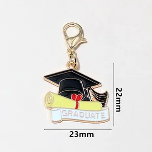 Enamel graduation cap and scroll pendant with lobster clasp for keychains, 23mm size