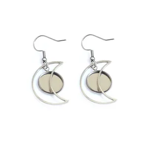 Silver stainless steel crescent moon earring blank base with 12mm round DIY tray hooks