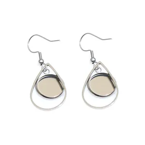 Detail of teardrop silver stainless steel earring hooks with 12mm round bezel base