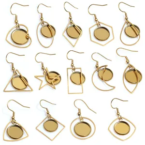Golden stainless steel geometric ear wire pendant trays for DIY jewelry making