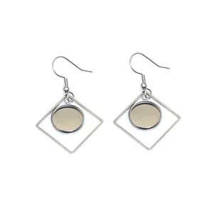 Pair of geometric silver stainless steel square earring frames with round tray base