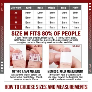 Short handmade press-on nails size chart guide for XS, S, M, L floral flower styles