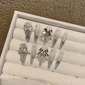 Handmade Press-on Nails Gradient Silver Gray Glitter Butterfly Rhinestone Bow Long Stiletto Fake Nails With Glue Kit