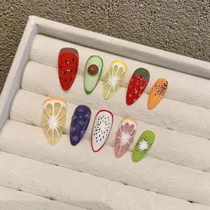 Uñas Postizas Hechas a Mano Relieve 3D Fruta Pintadas a Mano Fresa Limón Aguacate Estilo de Verano para Mujer