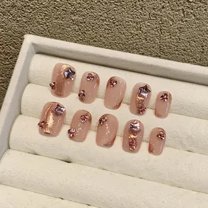 Handmade Pink Blush Press-on Nails Short Coffin Shape Rhinestone Star Glitter Decorative Nail Art Patch For Women
