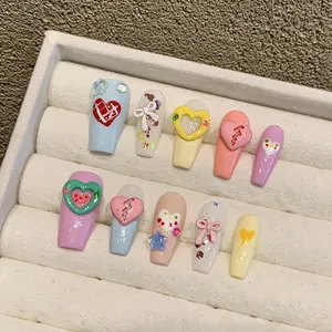 Handmade Macaron 3D Relief Heart Butterfly Coffin Press On Nails For Women Artificial False Nails Fashion Manicure Nail Art