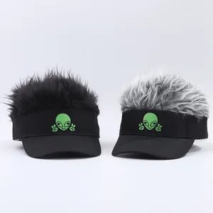 Detail of funny alien baseball caps with fluffy black and grey wigs for cosplay