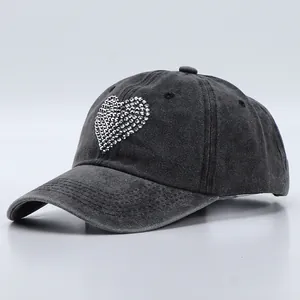 Washed Cotton Baseball Cap Rhinestone Heart Distressed Soft Top Adjustable Sun Hat Vintage Outdoor Trucker Hat For Women