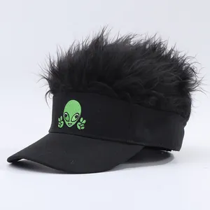 Funny alien baseball cap with black wig hair and green embroidery for hip hop street style
