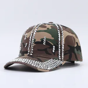 Casquette de baseball camouflage avec franges en strass brillants et motif militaire
