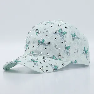 Casquette de Baseball Femme Dentelle Papillon Strass Étoile Rivet Chapeau Soleil Réglable Respirant Mode Été