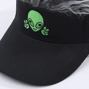 Funny black alien baseball cap with silver grey hair wig and green embroidery