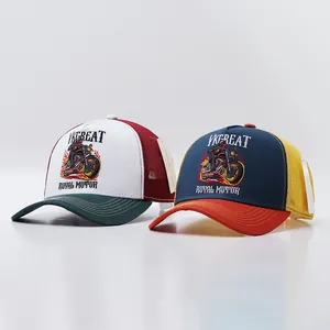 Detailed close-up of intricate motorcycle embroidery on breathable mesh trucker baseball caps