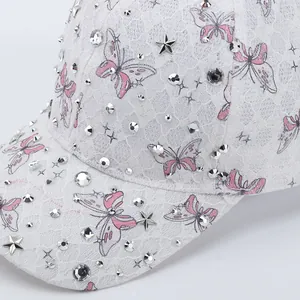 Casquette en dentelle avec imprimé papillon rose et strass brillants pour femmes