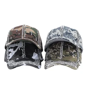 Casquette de baseball camouflage à la mode avec strass brillants et détails effilochés
