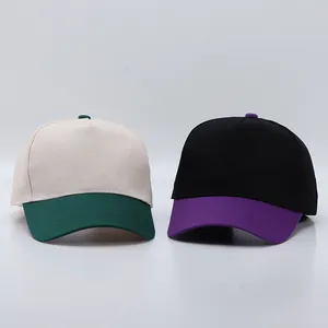 Two-tone five-panel cotton baseball caps in beige/green and black/purple colorways